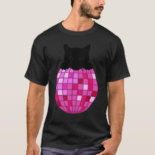 Esthetische Disco Bal Roze Zwarte Kat Disco Kat T-shirt