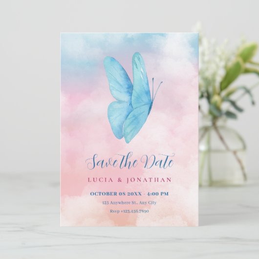 Esthetische dromerige vlinderbruiloft save the date (Staand voorkant)