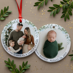 Esthetische familie van vijf eerste kerstfoto keramisch ornament