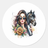 Esthetische Girl Horse Glitter Rozen Ronde Sticker (Voorkant)