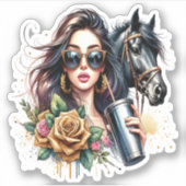 Esthetische Girl Horse Glitter Rozen Sticker (Voorkant)