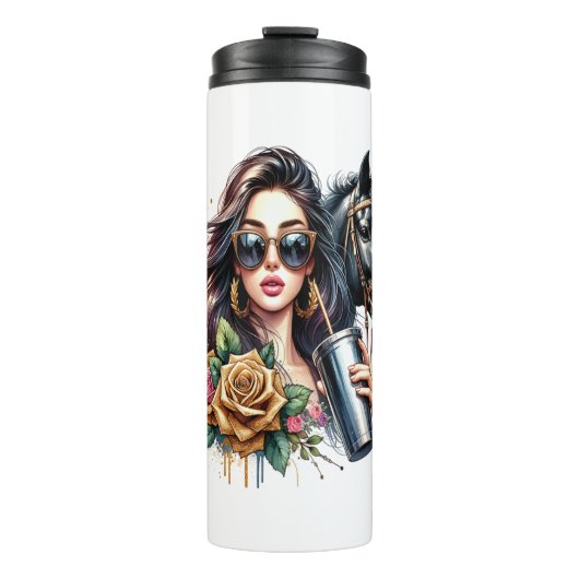 Esthetische Girl Horse Glitter Rozen Thermosbeker (Voorkant)