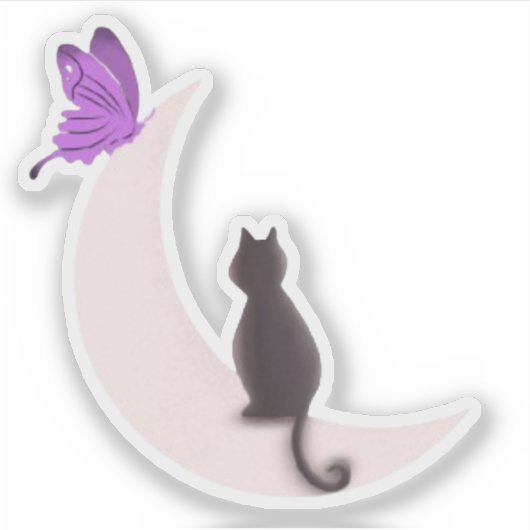 Esthetische Hemelse Kat en Paarse Vlinder Maan  Sticker (Voorkant)