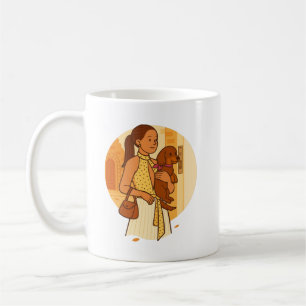 Esthetische illustratie van een hondenmoeder met p koffiemok