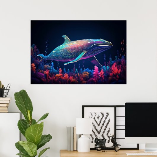 Esthetische illustratie van neon whale poster (Thuiskantoor)