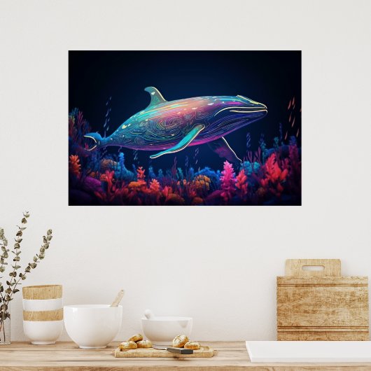 Esthetische illustratie van neon whale poster (Keuken)