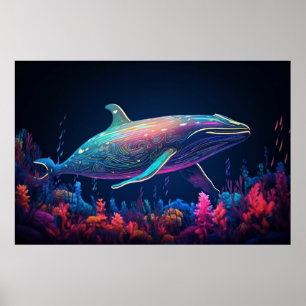 Esthetische illustratie van neon whale poster