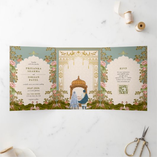 Esthetische Indiase Trouw QR-code Alles in Eén Drieluik Uitnodiging (Binnen)