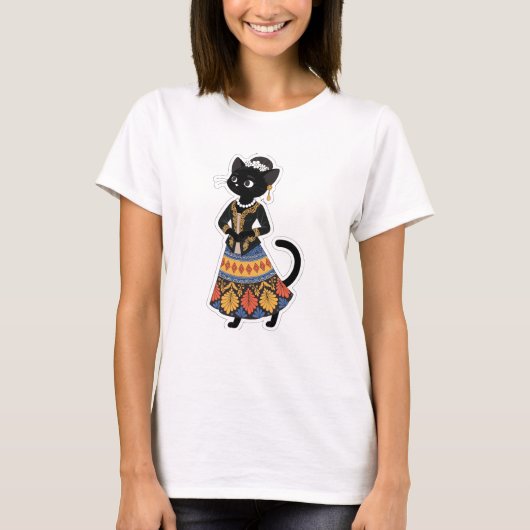 Esthetische Javaanse Zwarte Kat in Traditionele Ke T-shirt (Voorkant)
