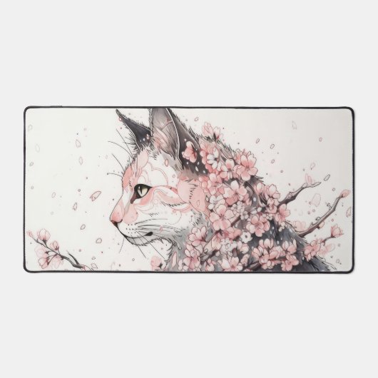 Esthetische kat en roze bloemen bureaumat (Voorkant)