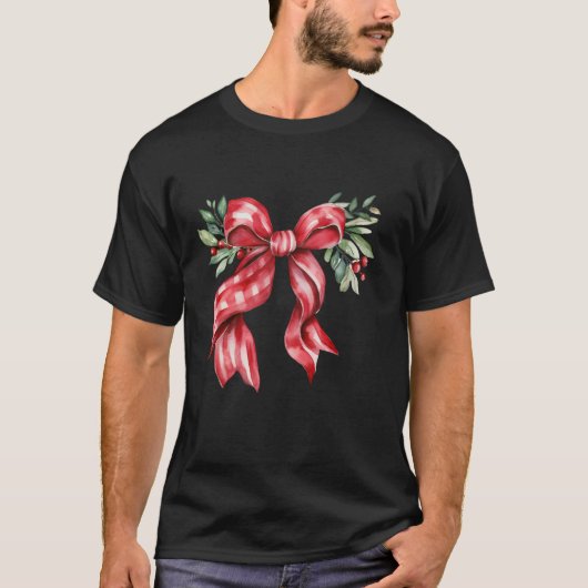 Esthetische Kerst Bloemen Rood Plaid Bow Mistletoe T-shirt (Voorkant)