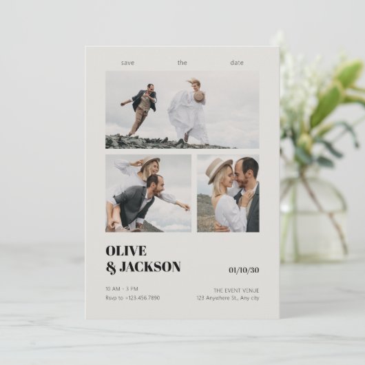 Esthetische moderne fotocollage-huwelijk save the date (Staand voorkant)