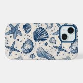 Esthetische Nautische Blauwe Oceanschelp Iphone Ho 15 Case (Achterkant horizontaal)