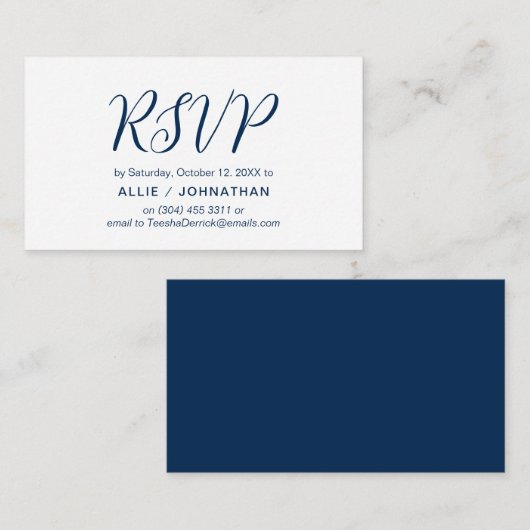 Esthetische Navy Blue Script, bruiloft RSVP reager Informatiekaartje (Voorkant / Achterkant)