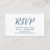Esthetische Navy Blue Script, bruiloft RSVP reager Informatiekaartje (Voorkant)