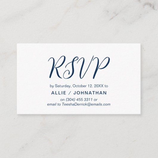 Esthetische Navy Blue Script, bruiloft RSVP reager Informatiekaartje (Voorkant)