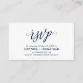 Esthetische Navy Blue Script, bruiloft RSVP reager Informatiekaartje (Voorkant)