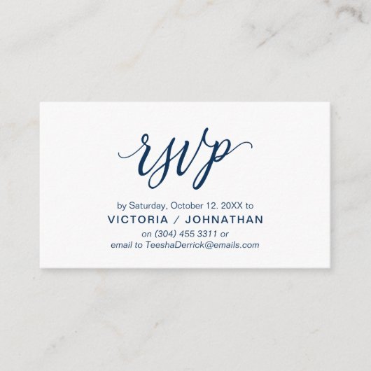 Esthetische Navy Blue Script, bruiloft RSVP reager Informatiekaartje (Voorkant)