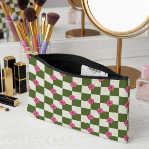 Esthetische olijfgroene en roze bloemen ruitjes po etui