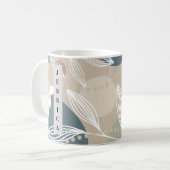 Esthetische pastel donkergroene lijn blad koffiemok (Voorkant links)