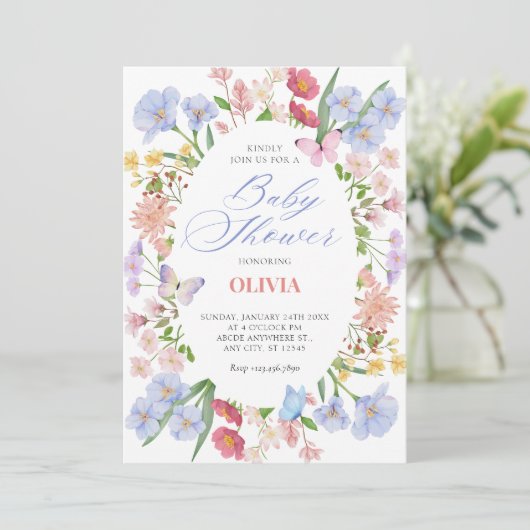Esthetische pastel floral baby shower uitnodiging (Staand voorkant)