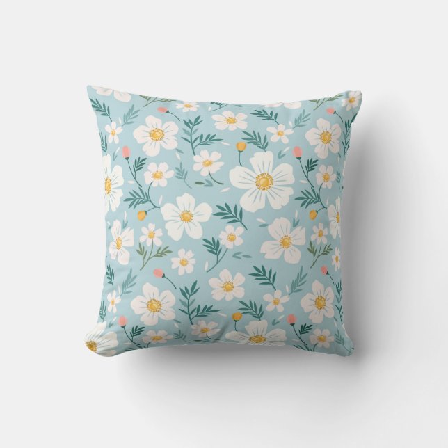 Esthetische Pastelblauwe Bloemenkussen Kussen (Voorkant)