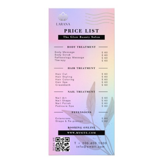 Esthetische prijslijst Roze Holografische iriseren Reclamekaart (Voorkant)