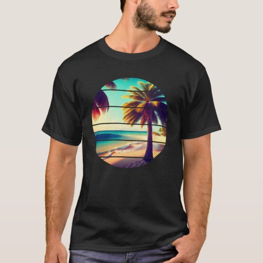 Esthetische retro stijl palmboom tropisch strand V T-shirt (Voorkant)