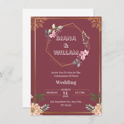 Esthetische rode gouden bruiloft uitnodiging (Voorkant / Achterkant)