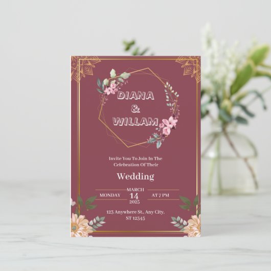 Esthetische rode gouden bruiloft uitnodiging (Staand voorkant)