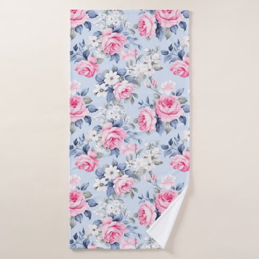 Esthetische roze rozen witte bloemen patroon bad handdoek (Badhanddoek)