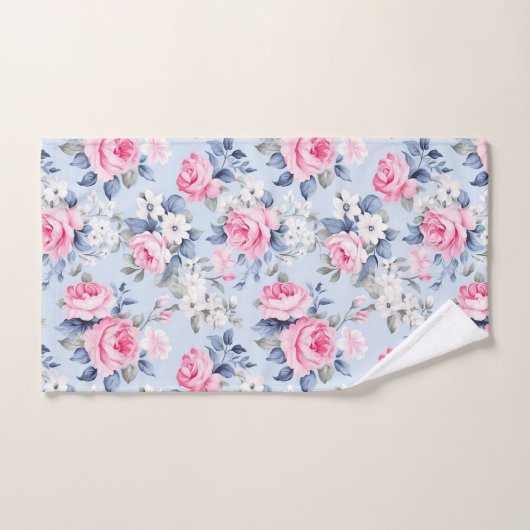 Esthetische roze rozen witte bloemen patroon bad handdoek (Handdoek)