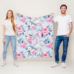 Esthetische roze rozen witte bloemen patroon fleece deken