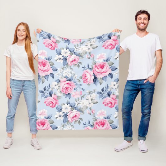 Esthetische roze rozen witte bloemen patroon fleece deken (In situ)