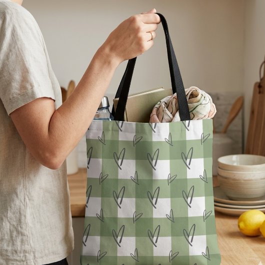 Esthetische Sage Groene Hart Gingham AOP Tote Tas