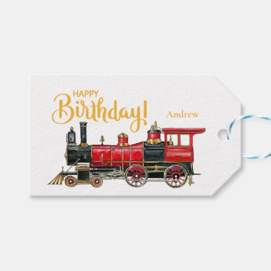 Esthetische vintage trein verjaardagscadeautags cadeaulabel (Voorkant (Horizontaal))