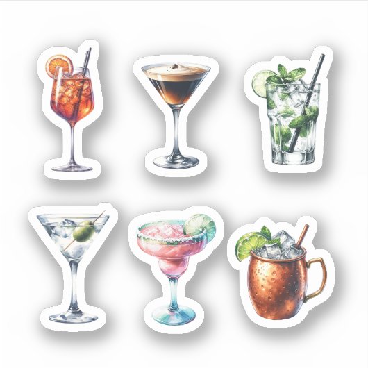 Esthetische Waterverf Cocktail Sticker Set (Voorkant)