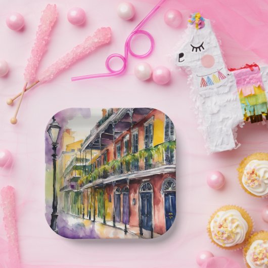 Esthetische Waterverf Mardi Gras Bourbon Street Papieren Bordje (Feest)