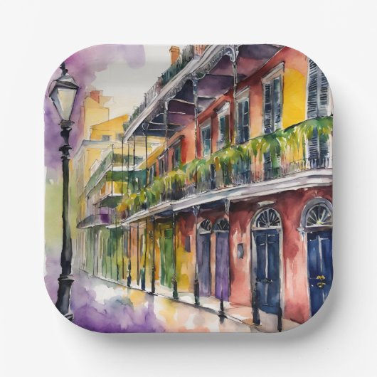 Esthetische Waterverf Mardi Gras Bourbon Street Papieren Bordje (Voorkant)