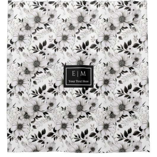 Esthetische zwart-wit bloemen douchegordijn (Voorkant)