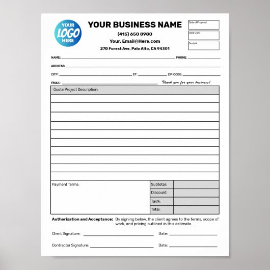 Estimate Quote Job Proposal Forms Contractor Poster (Voorkant)