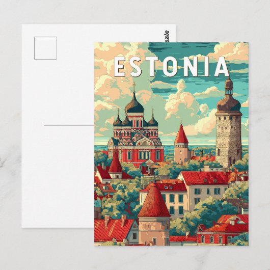 Estland Illustratie Reizen Art Vintage Briefkaart (Voorkant / Achterkant)