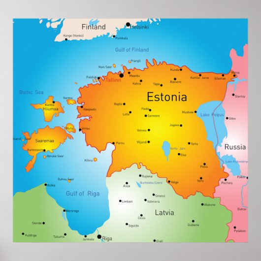 Estonia Map Baltic Country and Cities Poster (Voorkant)