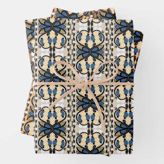 Ests blauw en geel bloemkool kunst inpakpapier vel (In situ)