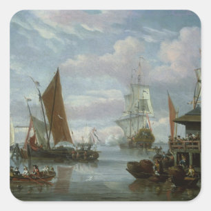 estuarium met boten en vissers vierkante sticker