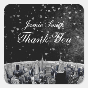 Etched NYC Skyline #2 Black White Heart Hartelijk  Vierkante Sticker