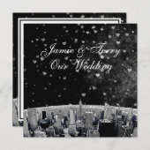 Etched NYC Skyline #2 Black White Heart Wedding Kaart (Voorkant / Achterkant)