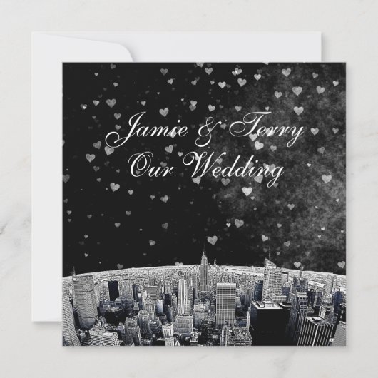 Etched NYC Skyline #2 Black White Heart Wedding Kaart (Voorkant)