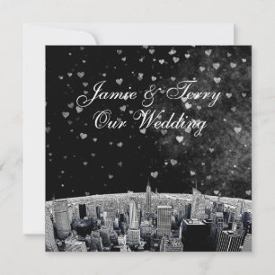 Etched NYC Skyline #2 Black White Heart Wedding Kaart