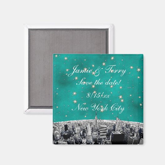 Etched NYC Skyline 2 Blauwgroen Gold Star Save Dat Magneet (Voorkant / Achterkant)